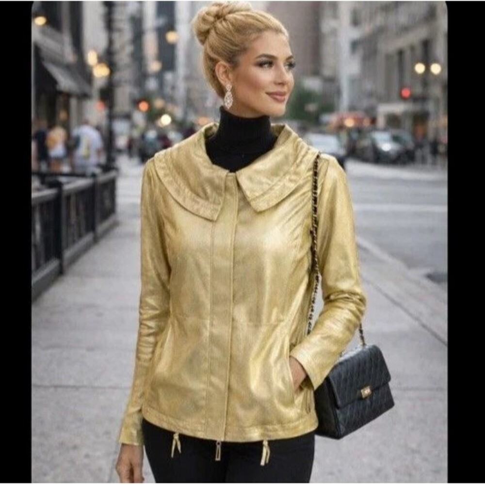 St. John Metallic Gold Hooded Jacket Women’s Small Designer